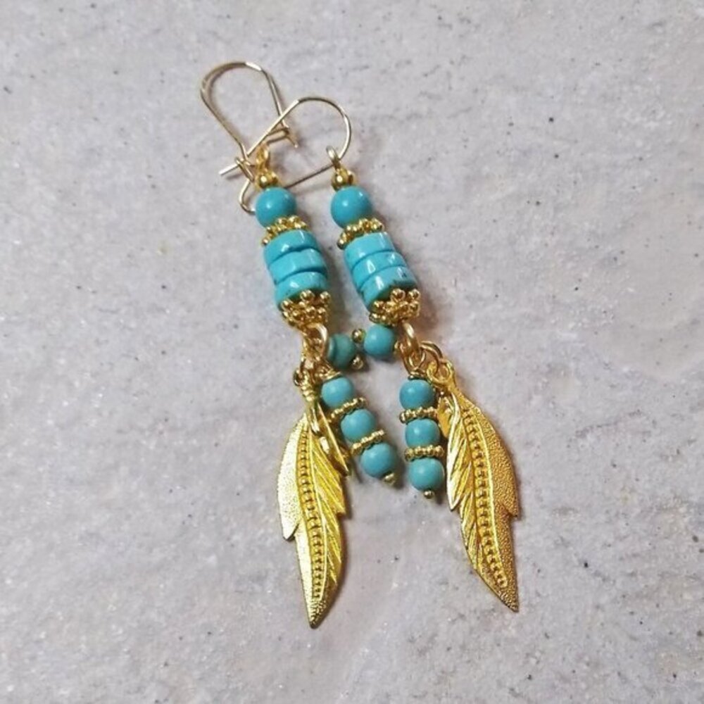 2/$25! Boho! Hippie! Gold Feathers + Turquoise Howlite Shoulder Dusters!